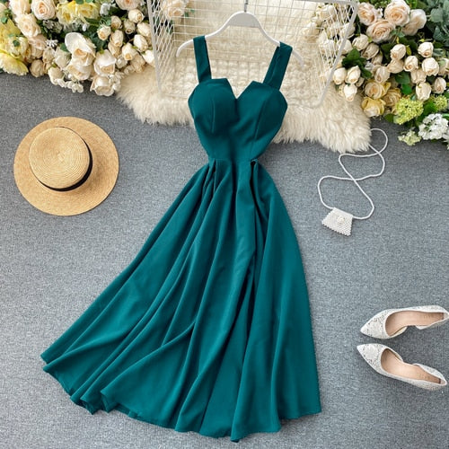 FMFSSOM 2022 Summer V-neck Sexy Open Back Red Dress Women Knee-length Bohemian Style  Solid Spaghetti Strap Party Clothing