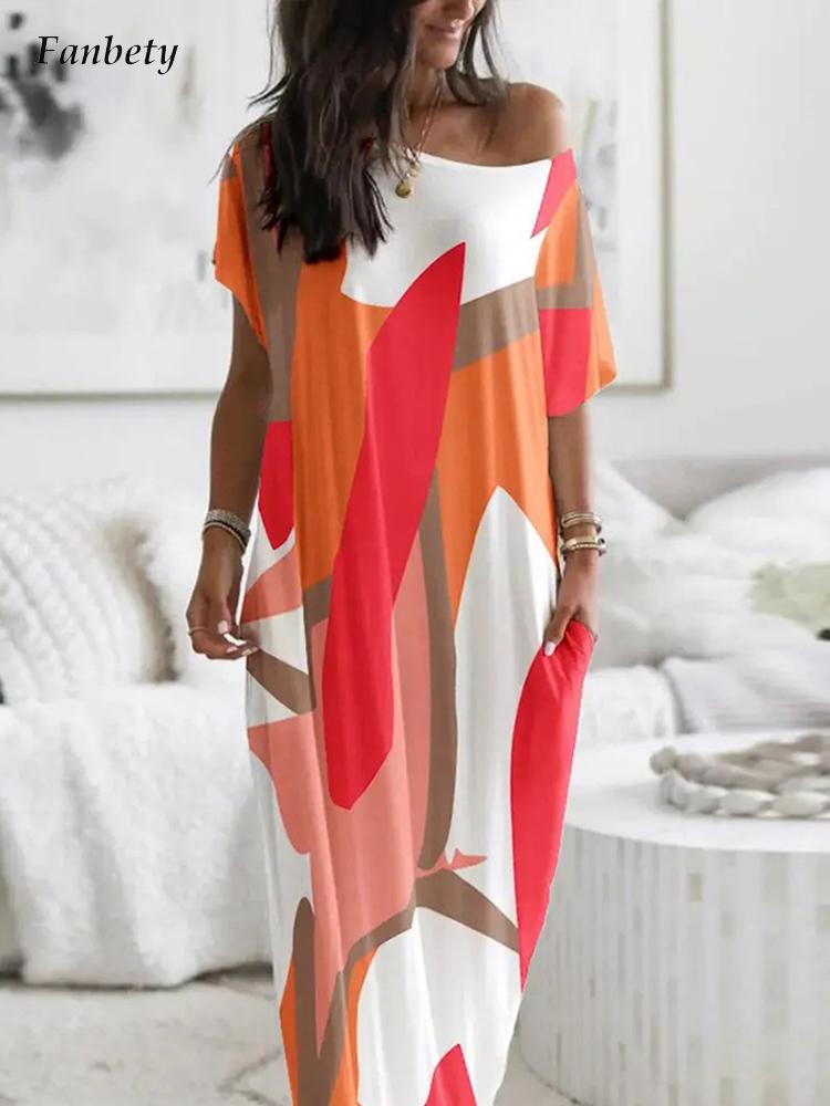 Elegant Off Shoulder Loose Long Dress Vintage Pattern Printed Pullover Party Dress Women Casual Short Sleeve Pocket Maxi Dresses