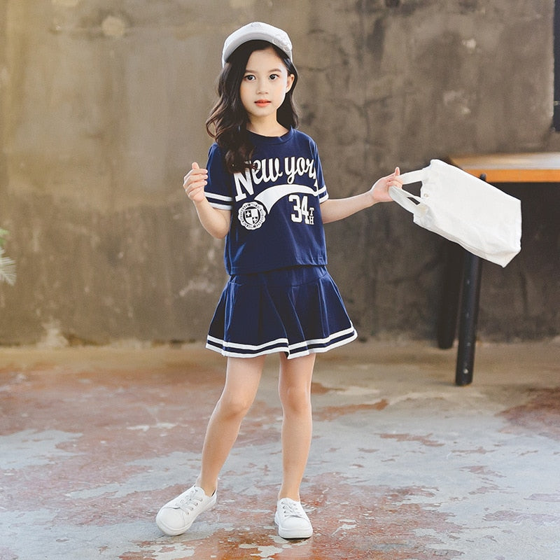 Summer Girls Clothes Suit 2023 Short-Sleeved+A-Line Skirt 2Pcs Set College Style Jk Uniform Children Clothing Baby Tracksuits