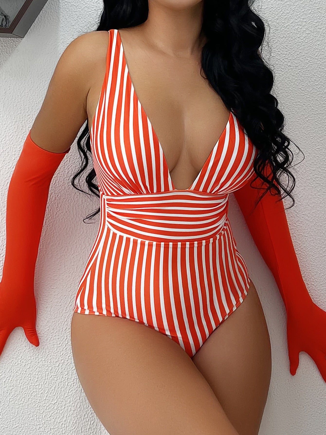 2023 Striped One Piece Swimsuit Vintage Swimwear Women V-neck Bathing Swimming Suit Female Summer Beachwear Bodysuit