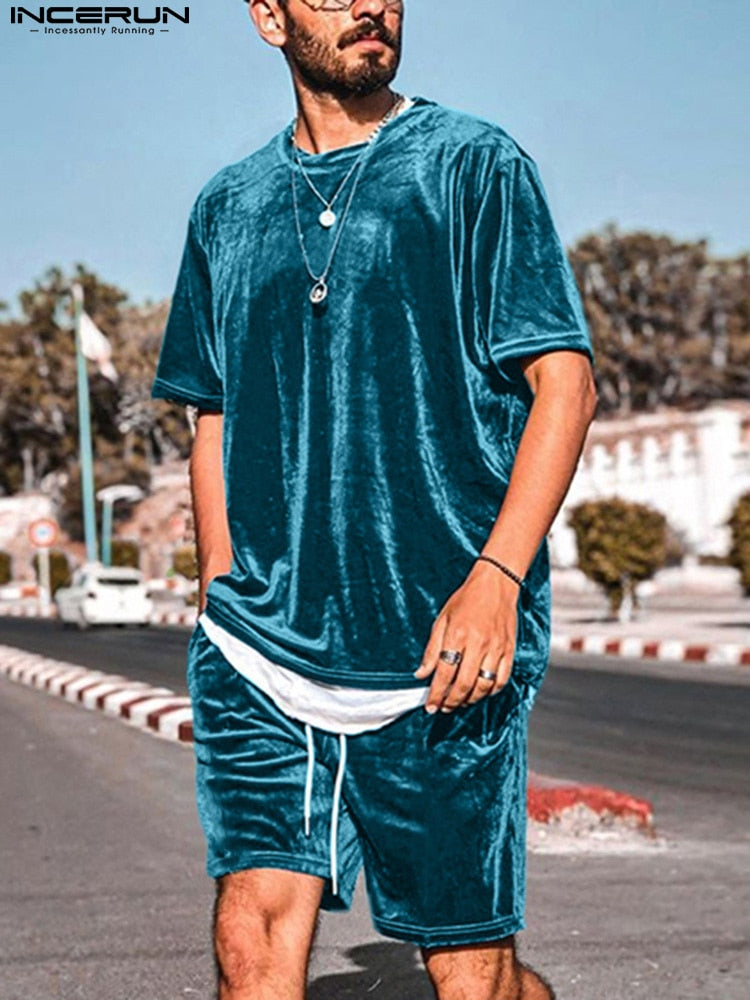 INCERUN Men Casual Sets Velour Solid Color O-neck Short Sleeve T Shirt & Drawstring Shorts Two Pieces 2023 Streetwear Men Suits