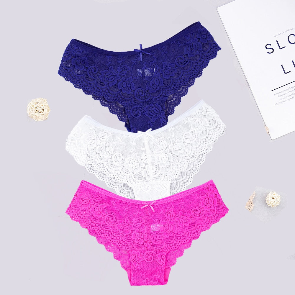 3pcs/lots Women Briefs Sexy Full Lace Panties Hollow Out Low-waist Female Shorts Soft Solid Color Breathable Underwear Fast Ship