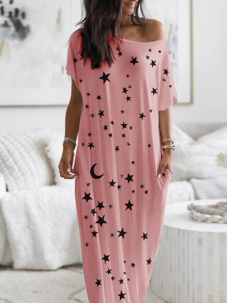 Elegant Off Shoulder Loose Long Dress Vintage Pattern Printed Pullover Party Dress Women Casual Short Sleeve Pocket Maxi Dresses