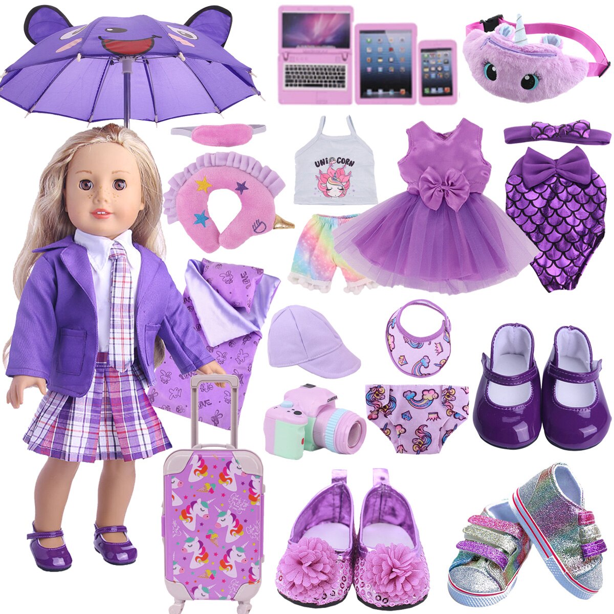 Doll Clothes Purple Series Dsinesy Unicorn Dress Doll Shoes For 18 Inch American&43m Reborn Baby Reborn New Born Doll Girl's Toy