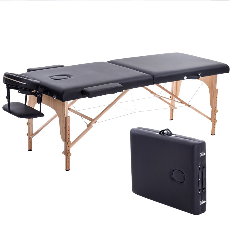Massage Table Portable 2 Section Folding Couch Bed Lightweight Beauty Salon Tattoo Therapy Wooden Frame  70 cm width -Black