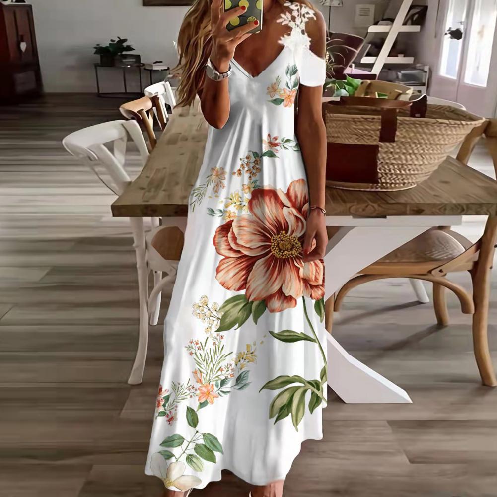 Sexy Spaghetti Strap Long Dress Women Summer Floral V Neck Hollow Out Boho Maxi Dresses Casual Beach Dress Party Robe Vestidos