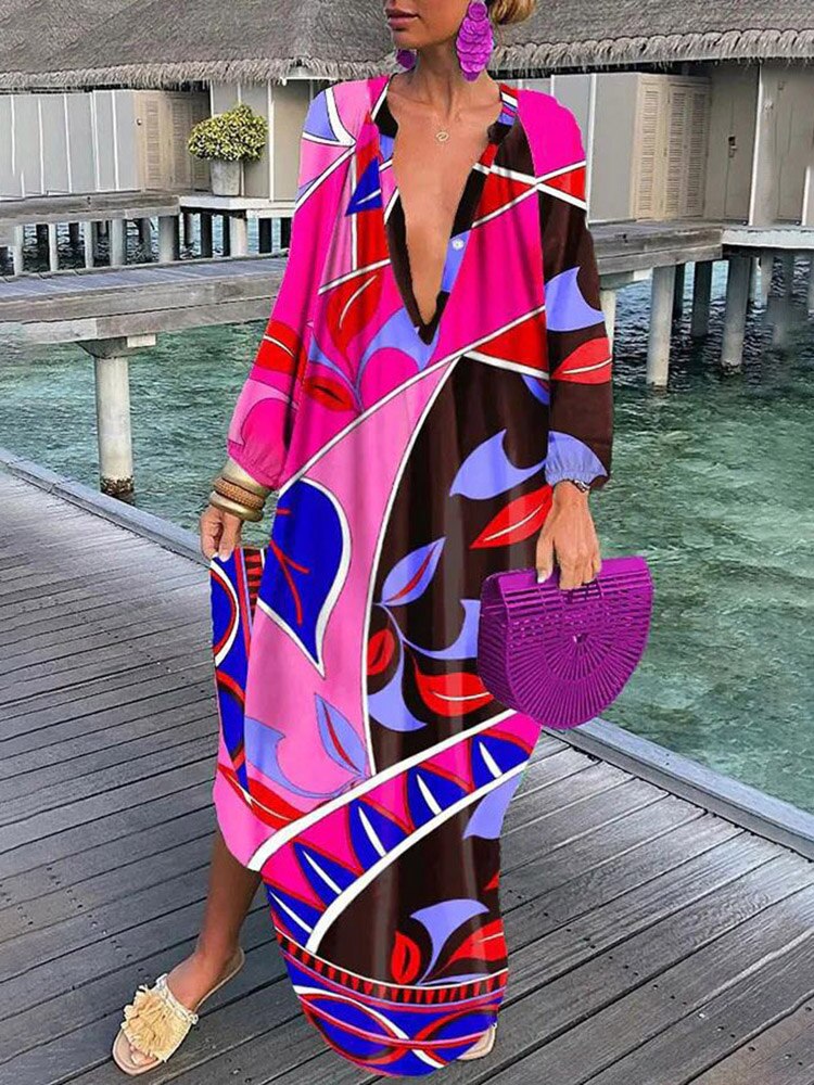 Women Boho Maxi Dress 2023 Summer Sexy Deep V-Neck Long Dresses Vintage Print Long Sleeve Loose Beach Cover Up Female Dress Robe