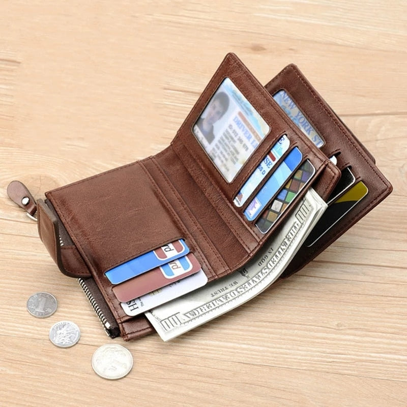 Fashion Men&#39;s Coin Purse Wallet RFID Blocking Man Leather Wallet Zipper Business Card Holder ID Money Bag Wallet Male