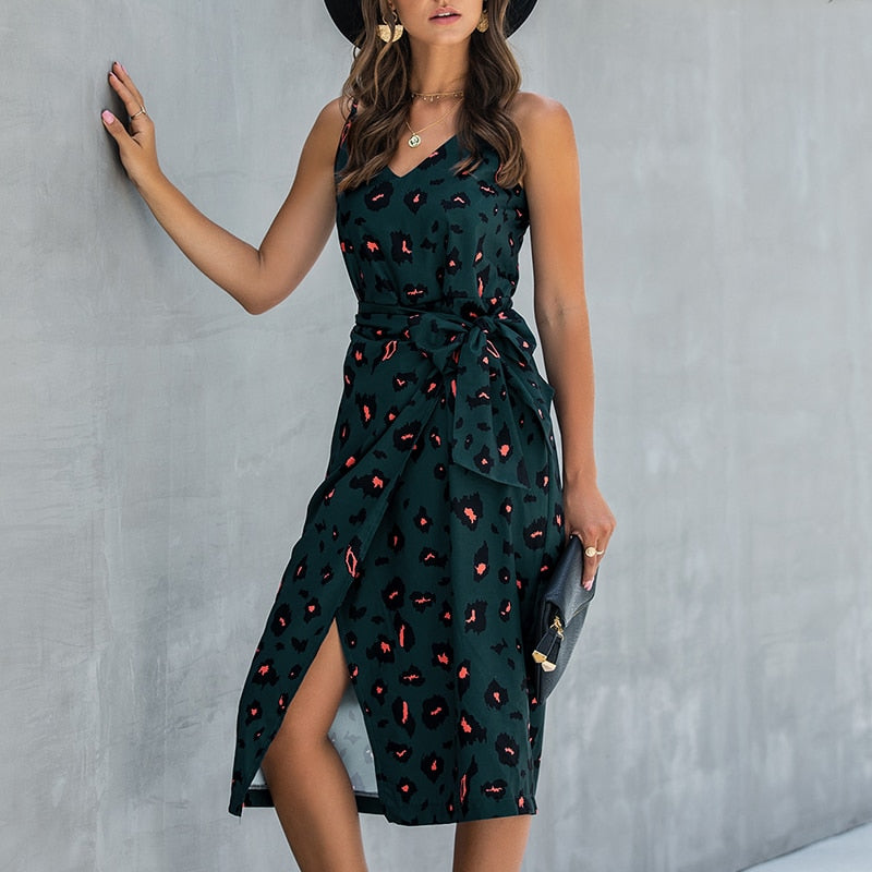 Leopard Print Girls Holiday Dress Women Sexy Sleeveless Split Summer Dresses Vacation Boho V-Neck Beach Female Sashes Robe G1144