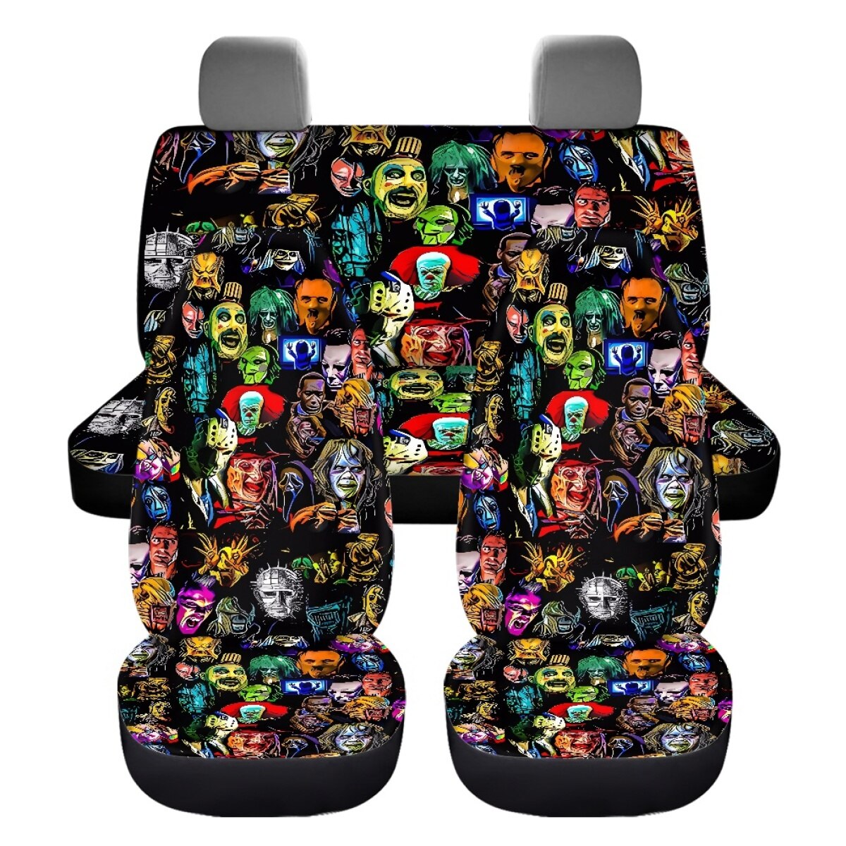 Horror Movie Killer Print Car Cushion Cover Seat Belt Cover Non-Slip Steering Wheel Cover Full Set Car Seat Halloween Decoration