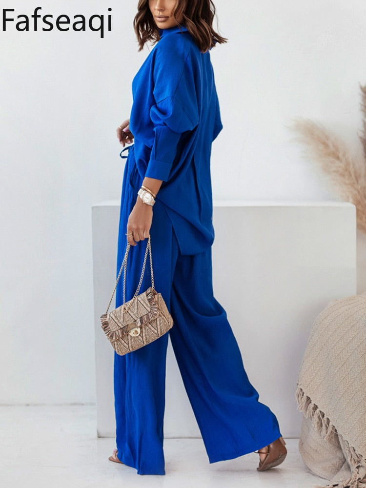 Spring Summer Blue Trouser Suit Set for Women Office Wear Chic Shirts Two Piece Suit Women Elegant Wide Pants Outfits Tracksuit