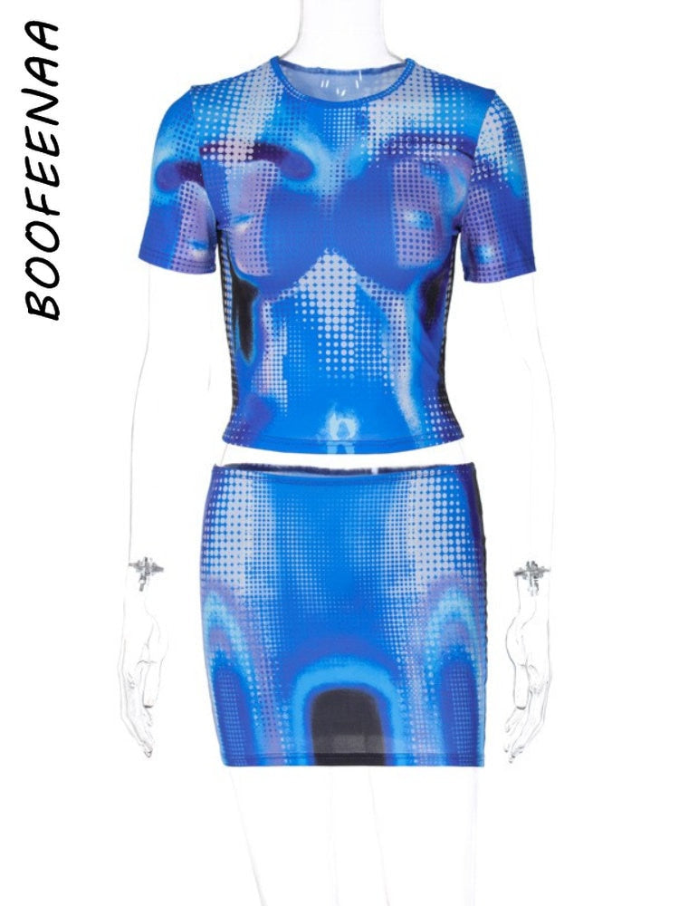 BOOFEENAA 3D Body Print Dress Sets Sexy Summer Clothes for Women 2 Piece Skirt Set Y2k Streetwear New In Matching Sets C96-BH18