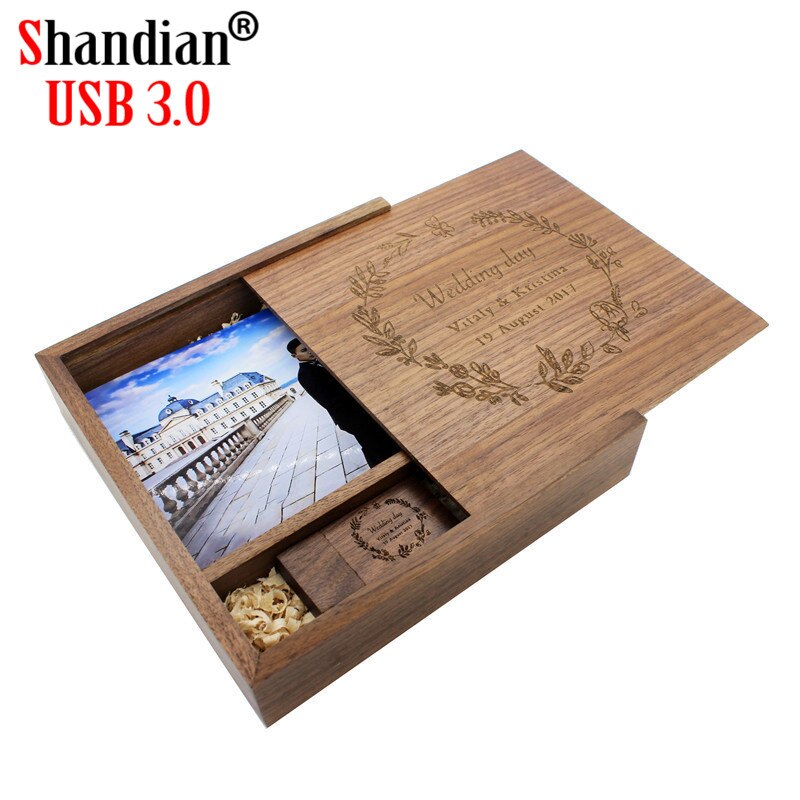 SHANDIAN Wood Album Style High Speed USB 3.0 4GB 8GB 16GB Fashion Gift 32GB 64GB USB+BOX Wedding Photography Free Custom LOGO