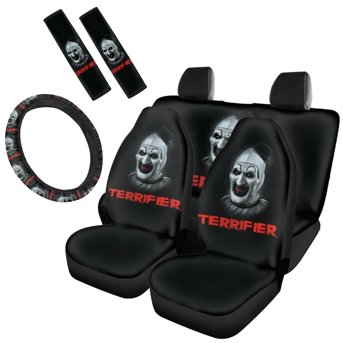 Horror Movie Killer Print Car Cushion Cover Seat Belt Cover Non-Slip Steering Wheel Cover Full Set Car Seat Halloween Decoration