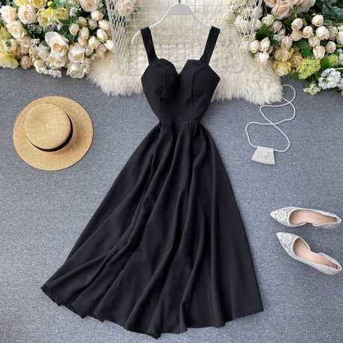 FMFSSOM 2022 Summer V-neck Sexy Open Back Red Dress Women Knee-length Bohemian Style  Solid Spaghetti Strap Party Clothing