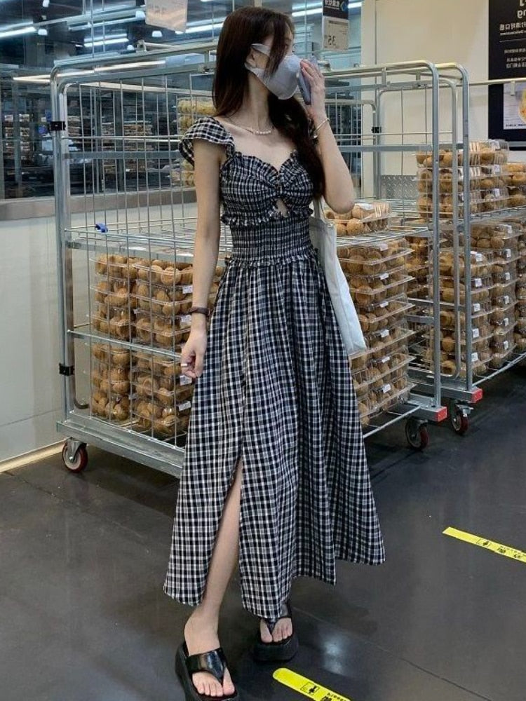 Dresses Women Plaid Creativity Personality Simple Ladies Korean Style Comfortable All-match Elegant Temperament Summer Vacation