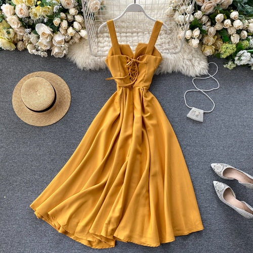 FMFSSOM 2022 Summer V-neck Sexy Open Back Red Dress Women Knee-length Bohemian Style  Solid Spaghetti Strap Party Clothing
