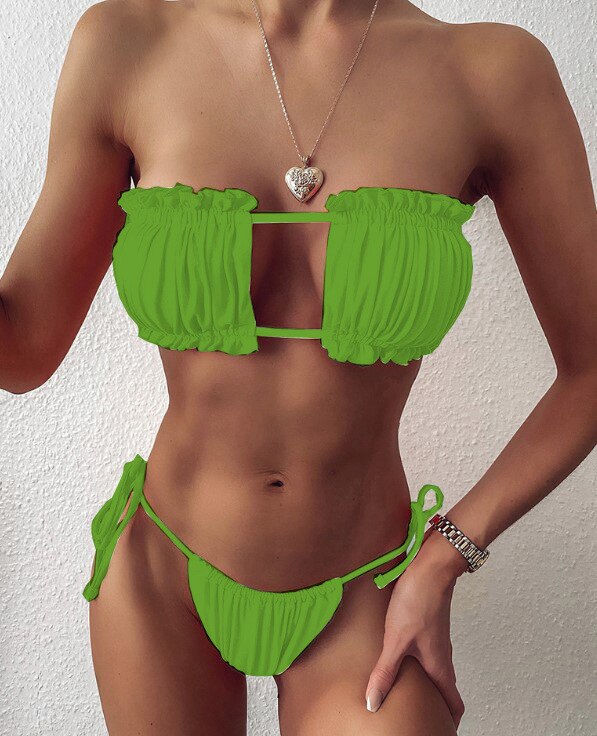 Sexy Bikini 2023 Pleated Bandeau Swimsuit Female Swimwear Women Mini Thong Bikini Set Bather Swimming Beachwear for Bathing Suit