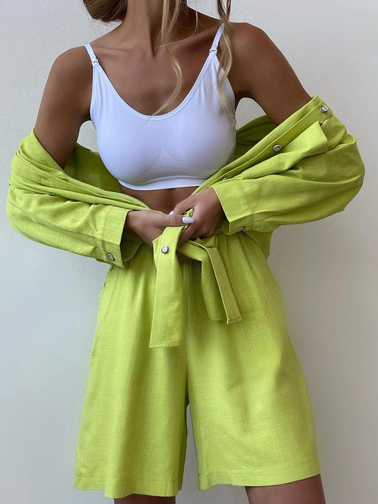 Summer Women's Suit Shirt and Short Sets Solid Color Casual Cotton and Linen Blouse and Shorts Two Piece Sets Women Outfit 2023