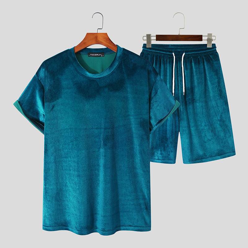 INCERUN Men Casual Sets Velour Solid Color O-neck Short Sleeve T Shirt & Drawstring Shorts Two Pieces 2023 Streetwear Men Suits