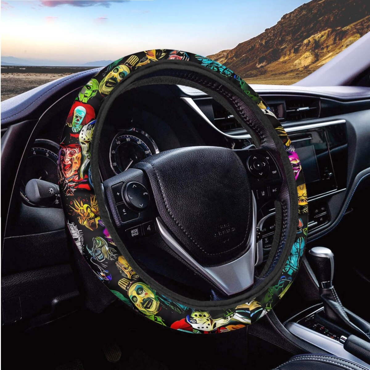 Horror Movie Killer Print Car Cushion Cover Seat Belt Cover Non-Slip Steering Wheel Cover Full Set Car Seat Halloween Decoration