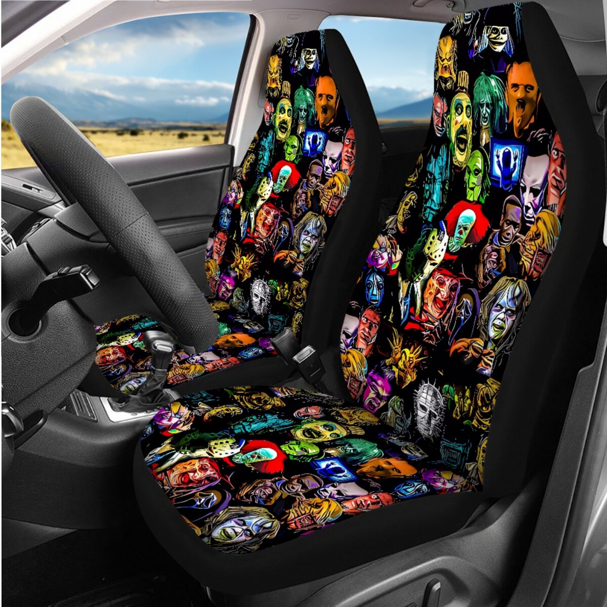 Horror Movie Killer Print Car Cushion Cover Seat Belt Cover Non-Slip Steering Wheel Cover Full Set Car Seat Halloween Decoration