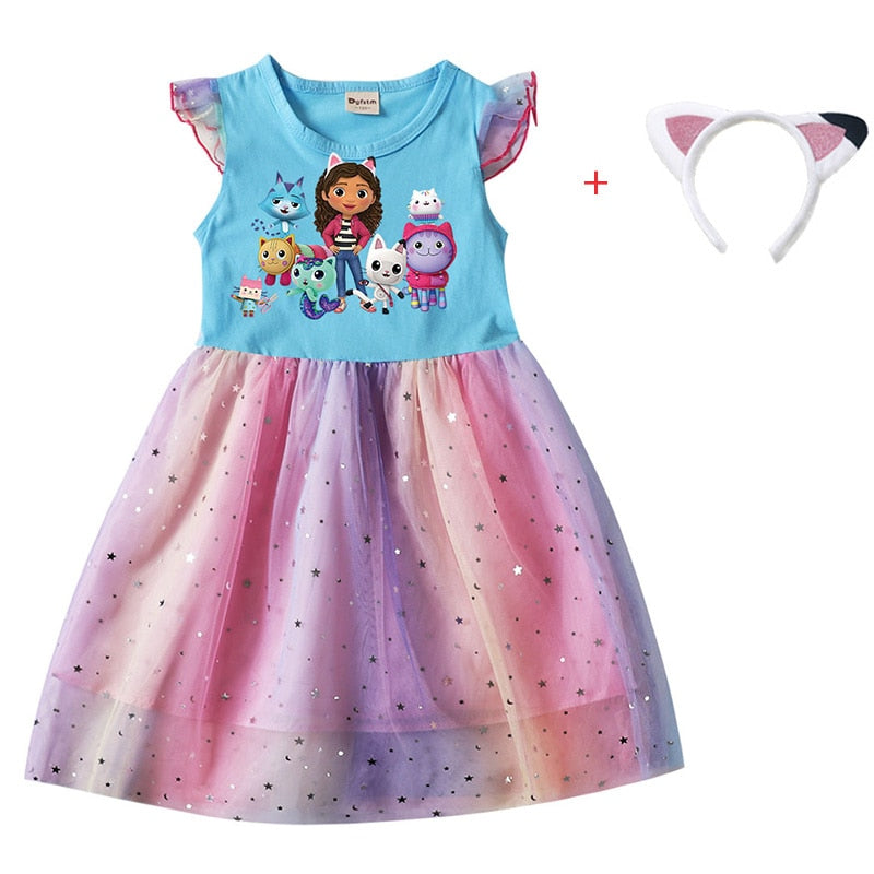 Cartoon Gabby Cats Baby Girl Dresses Kids Gabby's Doll House Clothes Cosplay Costume Children Fly Sleeve Casual Dress + Headband