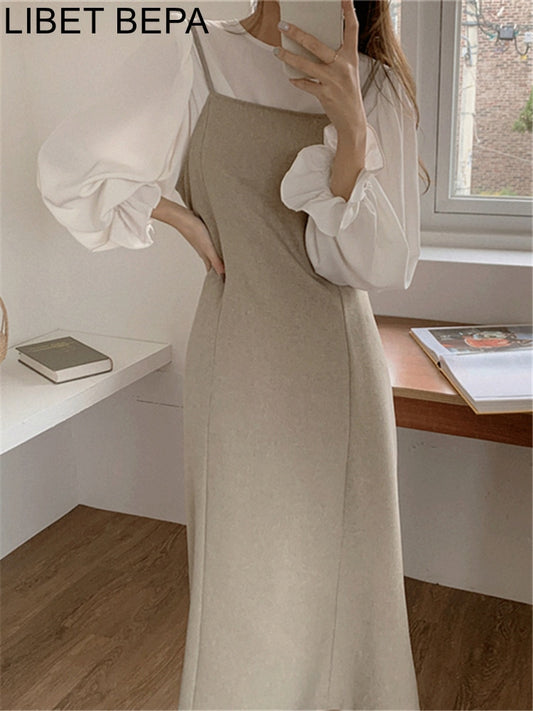 New 2022 Blouses Sleeveless Dresses Fashionable Elegant Vintage Lace Up Autumn Winter Women's Sets 2 Pieces Long Suits WS3270