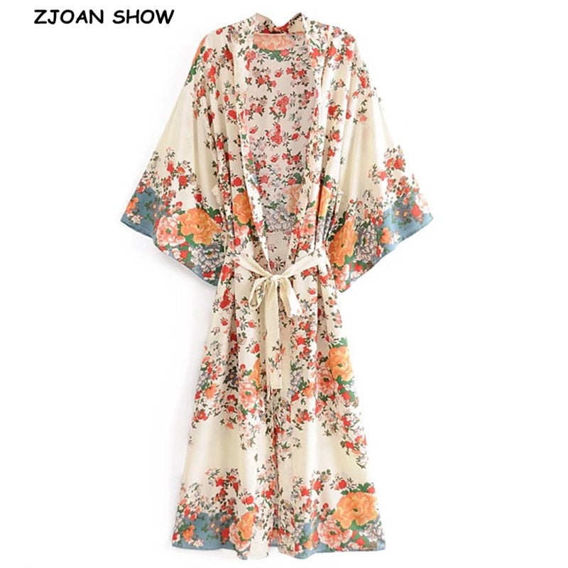 BOHO Location Floral Print Long Kimono Shirt Beige Hippie Women Lacing up Tie Bow Sashes Long Cardigan Loose Blouse Tops Holiday