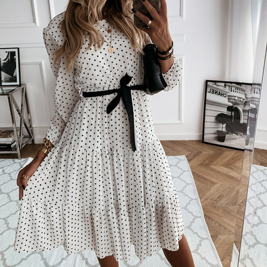 Vintage Polka Dot Sashes A-line Party Women Dress Long Sleeve O neck Ruffled Elegant Midi Dress 2021 Summer Holiday Dress Boho