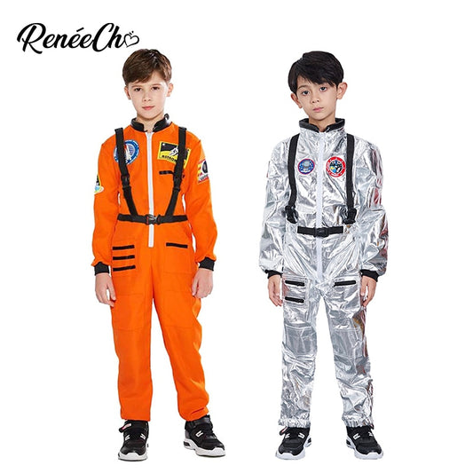 Reneecho Kids Space Astronaut Costume Boys Orange Astronaut Cosplay Sliver Spaceman Costume For Halloween