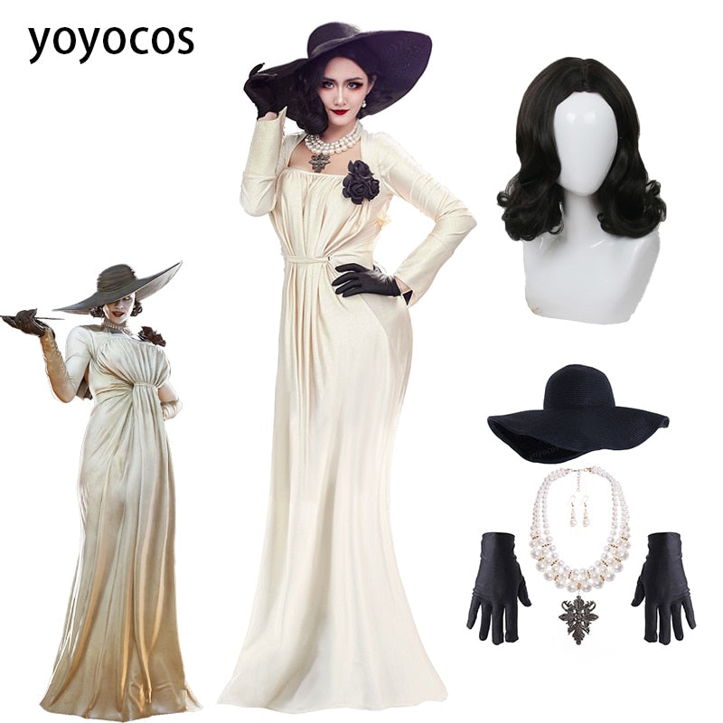 YOYOCOS Lady Dimitrescu Cosplay Costume Chatelain Alcina Biohazard Comtesse Sexy Cosplay Halloween Party Lady Vampire Necklace