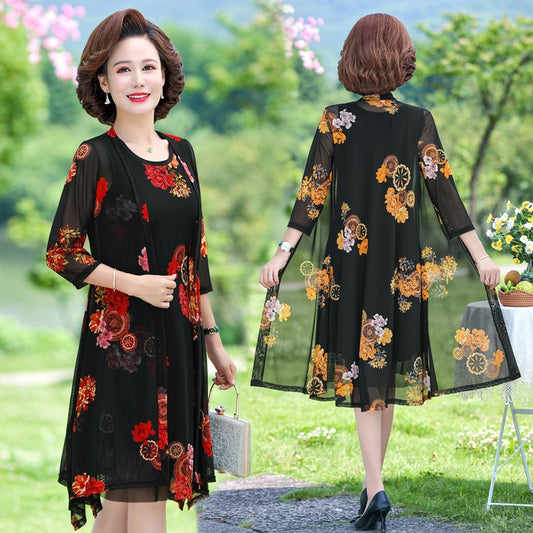 Summer Floral Print 2 piece set dress cardigan women party midi dresses elegant vintage robe femme 5xL