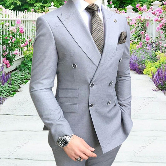 Double Breasted Slim Fit Men Suits for Groomsmen 2 Piece Wedding Tuxedo with Peaked Lapel Gray Male Fashion Costume Jacket Pants