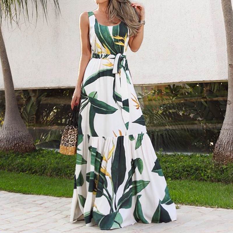 Summer Bohemian Holiday Long Dress Celmia Floral Print Beach Dress Women Sleeveless Maxi Sundress Casual Loose Party Vestidos