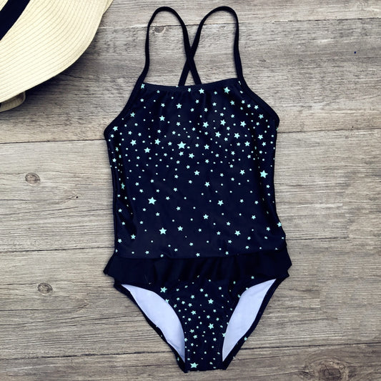 Girls One Piece Swimwear Black Star Pattern Girl Bodysuit Children Swimsuits Kids Bathing Suits 5-12 Years Girls Swim Beach Wear