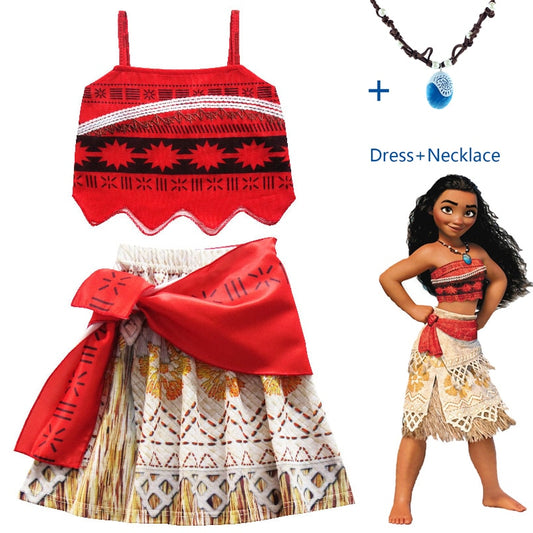 Princess Moana Cosplay Costume for Children Vaiana dress Costume with Necklace for Halloween Costumes for Kids Girls Gifts