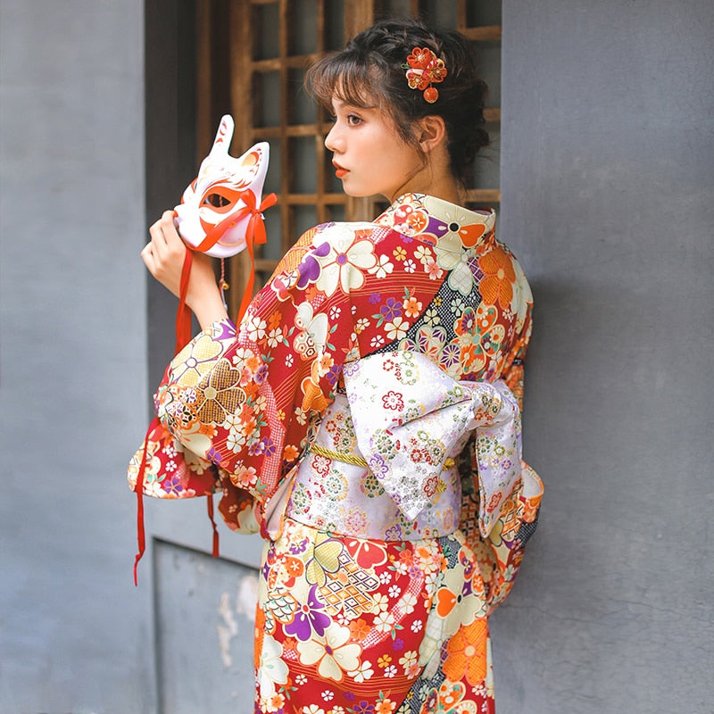 Traditional Japanese kimono Dark Red Yukata Feeling Clothes With Obi Halloween Cosplay Girls Dress