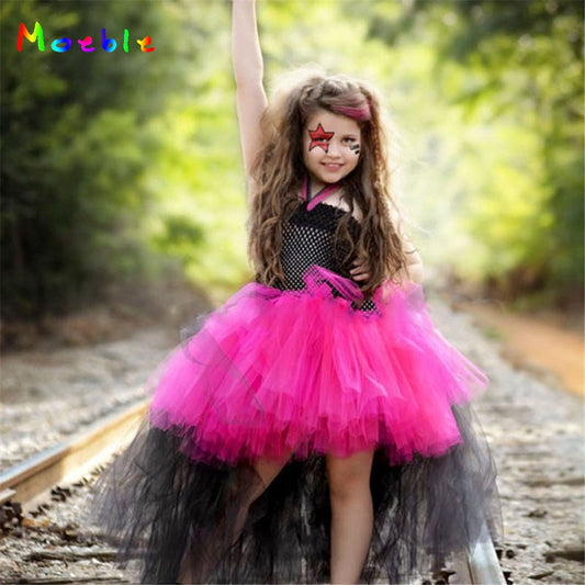 Rock Star Theme Dress for Girls Tutu Dress Cosplay Costume Flower Girl Wedding Tulle Dresses Baby Halloween Carnival Ball Gown