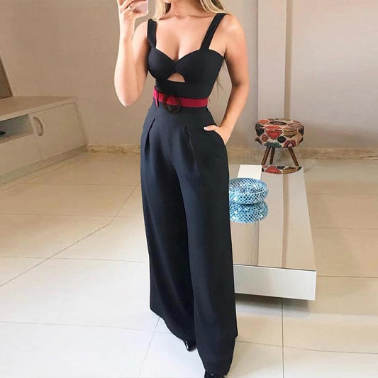 Twist Cutout Front Wide Leg Spaghetti Straps Sleeveless Jumpsuit Women Mid Waist Wide Leg Highstreet Summer Slim Jumpsuits