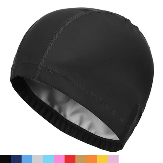 Elastic Waterproof PU Fabric Protect Ears Long Hair Sports Swim Pool Hat Swimming Cap Free size for Men & Women Solid Color