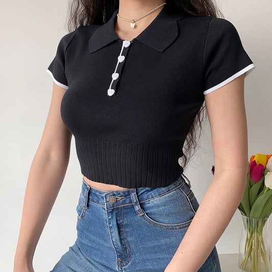 ITOOLIN Summer 2022 Women's Polo Shirts Slim Cute Crop Tops Female Button Up T-shirt Knitted Blouses Femme Short Sleeve Polo Tee