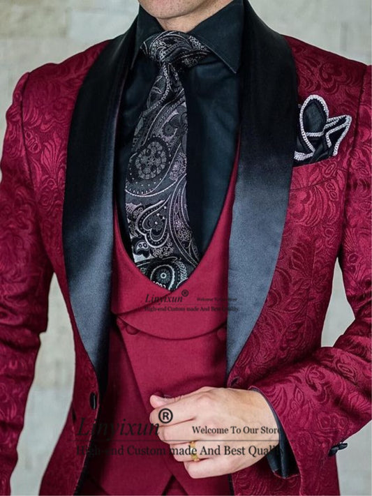 Tailor-Made Burgundy Wedding Men Suits Slim Fit Tuxedo 3 Pieces Suits Groom Prom Jacquard Blazer Terno Masculino Suits