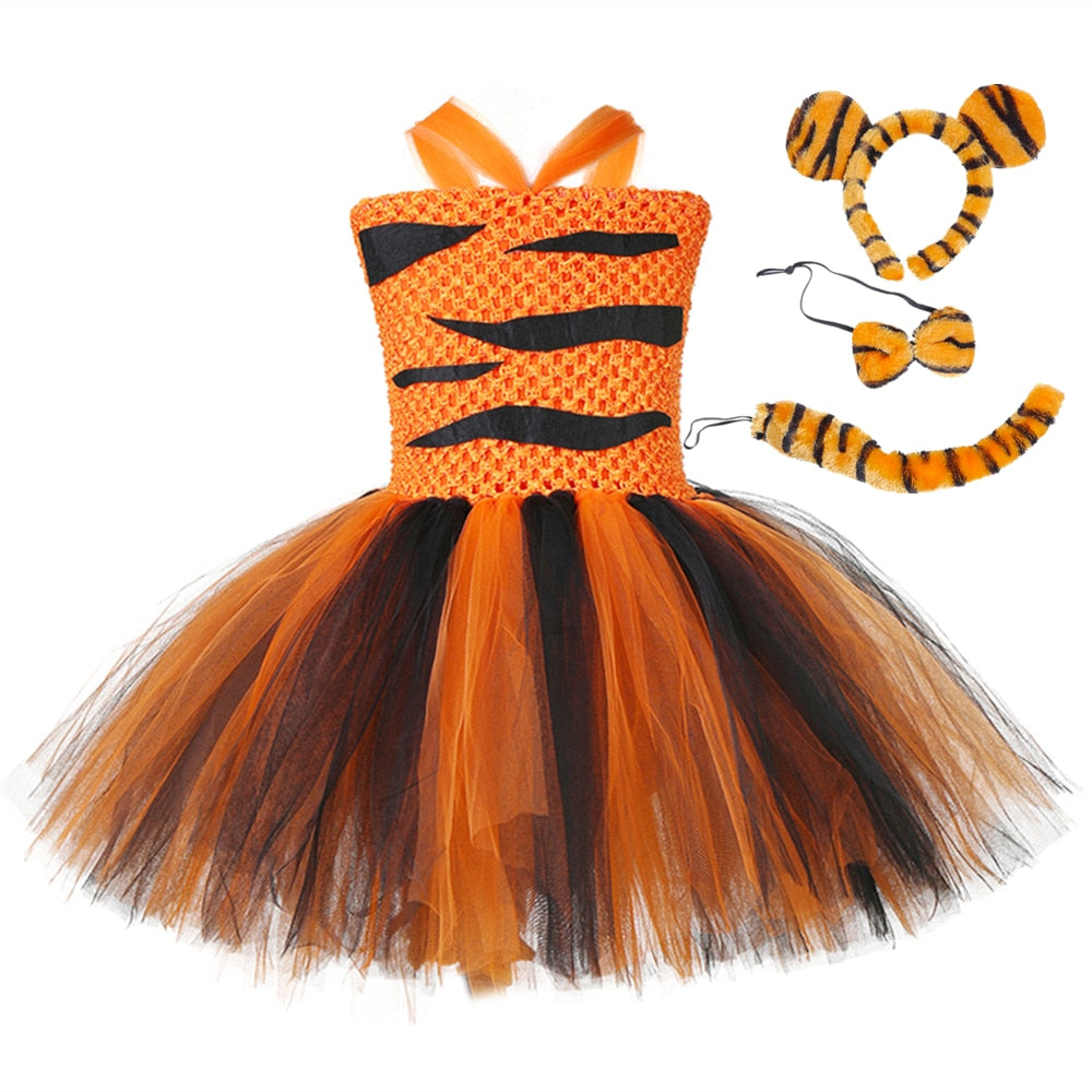 Tiger Tutu Dress Girls Zoo Animal Outfit Halloween Costume for Kids Fancy Clothes Toddlers Baby Girl Birthday Party Dresses 1-14