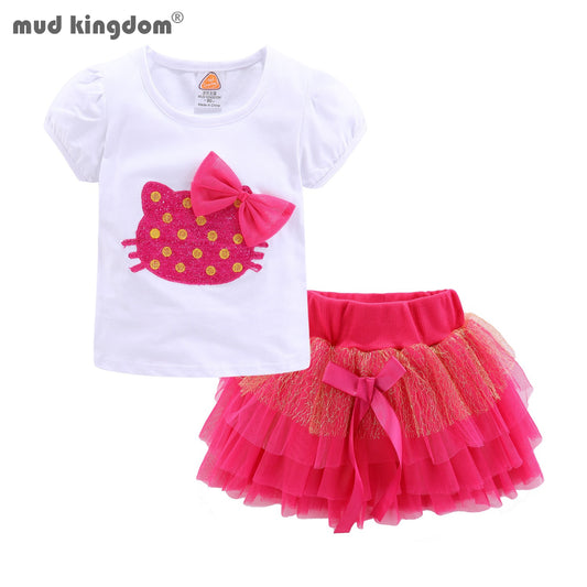 Mudkingdom Cute Summer Girls Outfits Cartoon Cat T-shirt and Tutu Skirt Set for Girl Princess Clothes Suit Children Clothing