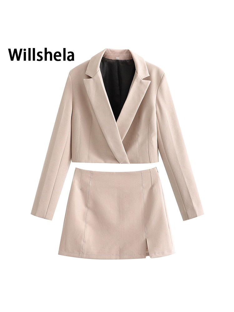 Willshela Two piece set Women suits Cropped Blazer and Mini Skirt Elegant High Fashion Chic Lady 2 piece set Women blazer set