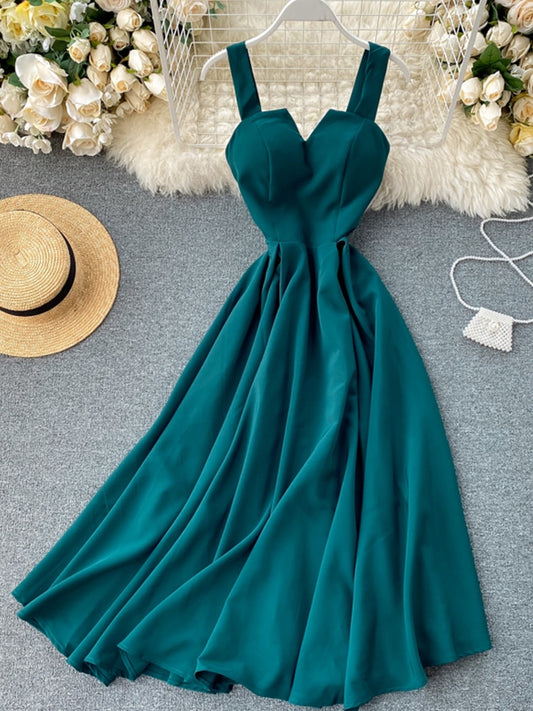 FMFSSOM 2022 Summer V-neck Sexy Open Back Red Dress Women Knee-length Bohemian Style  Solid Spaghetti Strap Party Clothing
