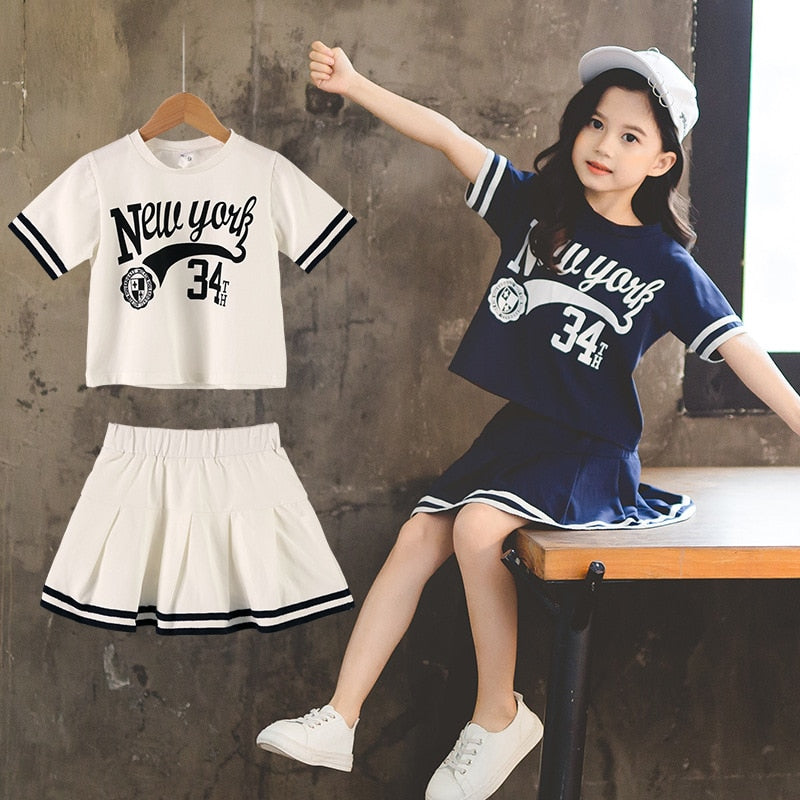 Summer Girls Clothes Suit 2023 Short-Sleeved+A-Line Skirt 2Pcs Set College Style Jk Uniform Children Clothing Baby Tracksuits