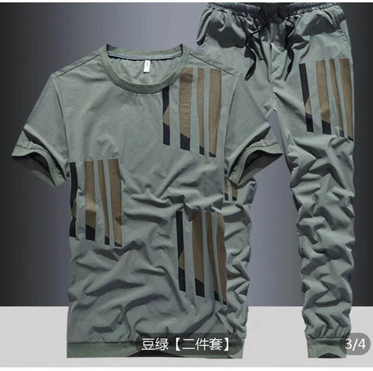 Summer new ice silk suit male summer youth fashion brand short sleeve T-shirt male loose pants casual sportswear male