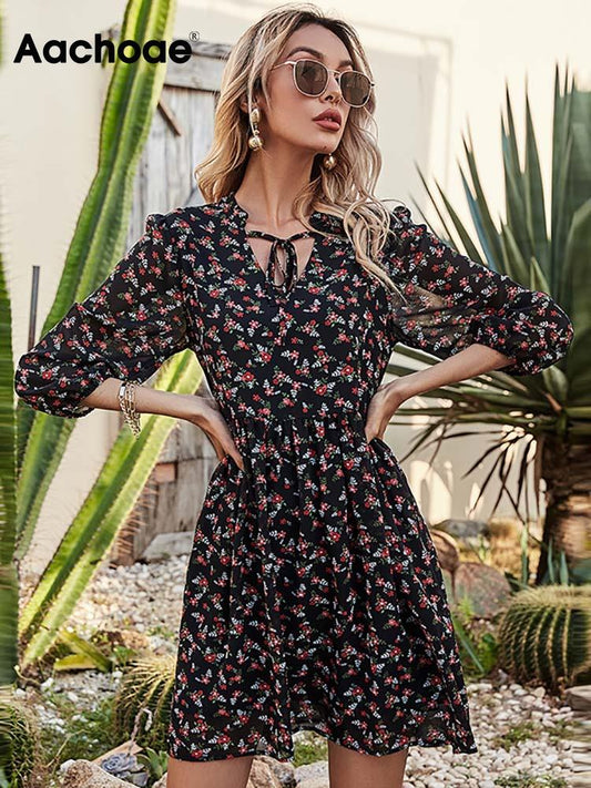 Aachoae Women Floral Print Holiday Chiffon Dresses 2021 Bow Tie V Neck Beach Mini Dress Boho Puff Sleeve Loose Casual Dress